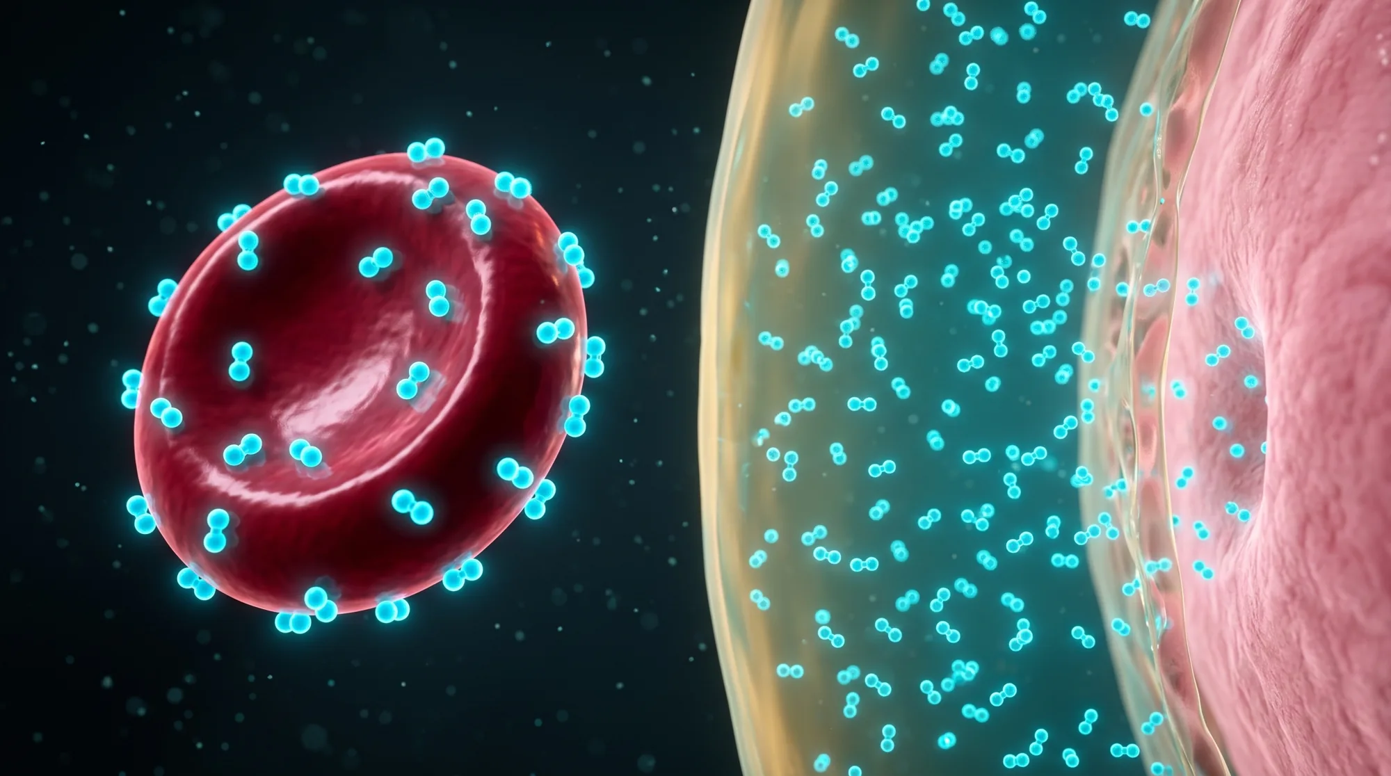 A red blood cell carrying bound oxygen, next to free dissolved oxygen moving from the plasma into a tissue cell
